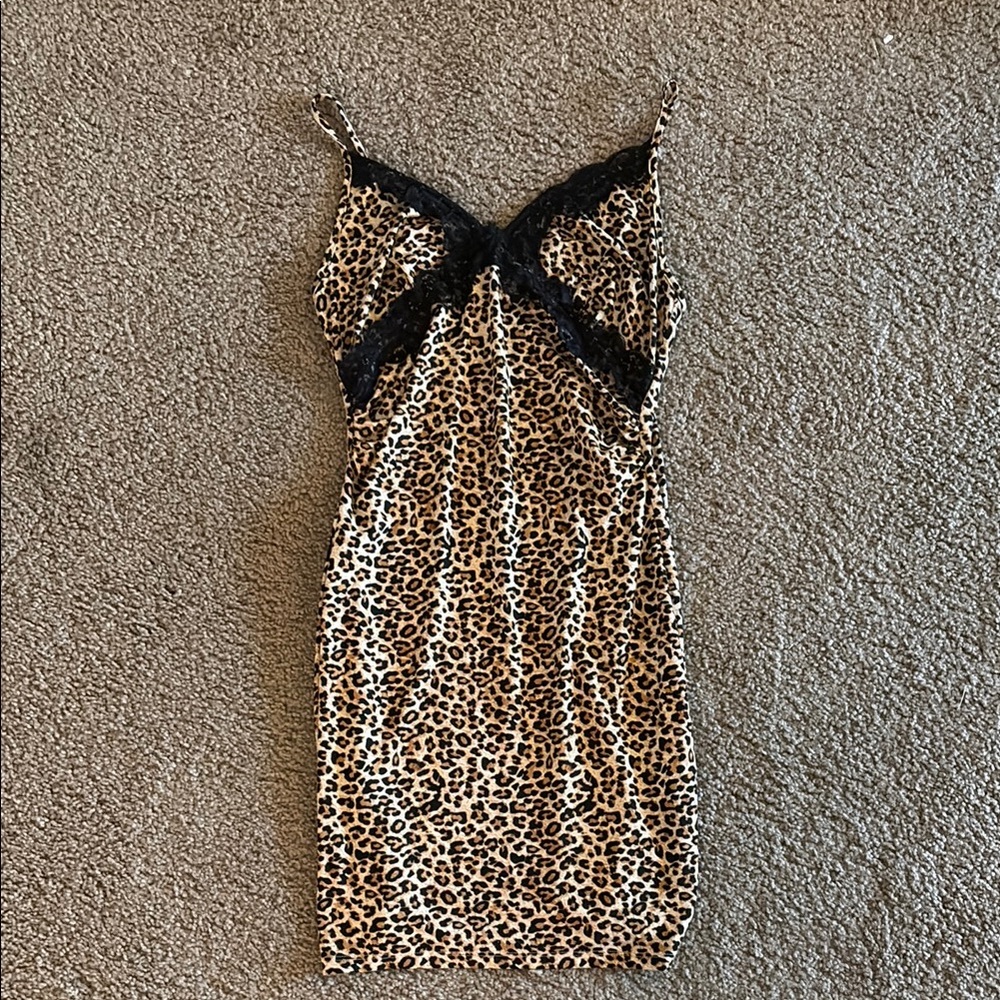 Leopard Print Slip Dress with Black Lace